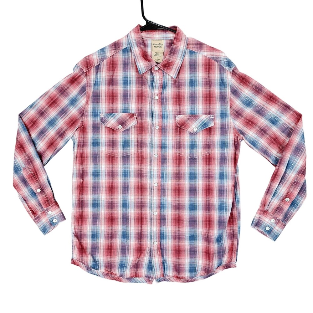 Scandia‎ Woods Button Up Shirt M Men Plaid Red White Blue Pearl Cowboy Western